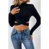 Kadın Siyah Çapraz Bel Detaylı Dik Yaka Uzun Kol Crop Top Bluz