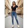 Kadın Siyah Çift Fermuarlı Modern Yarım Kol Crop Top Bluz
