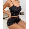 Kadın Siyah Çilek Desenli Seksi Gecelik Takım 6644