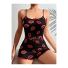 Kadın Siyah Dudak Desenli Şortlu Pijama Takımı Rahat Şık 2’li Set