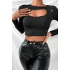Kadın Siyah Göğüs Dekolteli Çapraz Askılı Uzun Kollu Crop Top Bluz