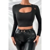 Kadın Siyah Göğüs Dekolteli Çapraz Askılı Uzun Kollu Crop Top Bluz