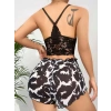 Kadın Siyah Leopar Desenli Dantel Detaylı Şortlu Gecelik Pijama Takımı Şık 2’li Set