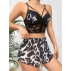 Kadın Siyah Leopar Desenli Dantel Detaylı Şortlu Gecelik Pijama Takımı Şık 2’li Set