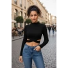 Kadın Siyah Modern Fit Çapraz Bel Detaylı Dik Yaka Uzun Kol Crop Top Bluz