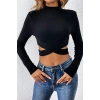 Kadın Siyah Modern Fit Çapraz Bel Detaylı Dik Yaka Uzun Kol Crop Top Bluz