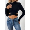 Kadın Siyah Modern Fit Çapraz Bel Detaylı Dik Yaka Uzun Kol Crop Top Bluz