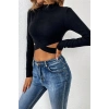 Kadın Siyah Modern Fit Çapraz Bel Detaylı Dik Yaka Uzun Kol Crop Top Bluz