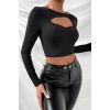 Kadın Siyah Modern Fit Göğüs Dekolteli Çapraz Askılı Uzun Kollu Crop Top Bluz
