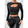 Kadın Siyah Modern Fit Göğüs Dekolteli Çapraz Askılı Uzun Kollu Crop Top Bluz