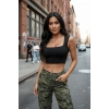 Kadın Siyah Modern Fit Kare Yaka Kalın Omuz Detaylı Crop Top Bluz