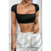 Kadın Siyah Modern Fit Sırt Dekolteli Boyundan Bağlamalı Yarım Kol Crop Top Bluz