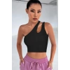 Kadın Siyah Modern Fit Tek Omuz Cut Out Detaylı Crop Top Bluz