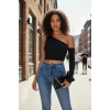 Kadın Siyah Modern Fit Tek Omuz Detaylı Uzun Kol Crop Top Bluz