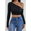 Kadın Siyah Modern Fit Tek Omuz Detaylı Uzun Kol Crop Top Bluz