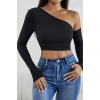 Kadın Siyah Modern Fit Tek Omuz Detaylı Uzun Kol Crop Top Bluz