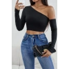 Kadın Siyah Modern Fit Tek Omuz Detaylı Uzun Kol Crop Top Bluz