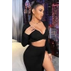 Kadın Siyah Modern Fit Uzun Kol Göğüs Ve Göbek Dekolteli Fermuarlı Crop Top Bluz
