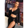 Kadın Siyah Modern Fit Uzun Kol Göğüs Ve Göbek Dekolteli Fermuarlı Crop Top Bluz