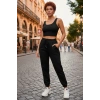 Kadın Siyah Premium Görünümlü Kaşkorse Cepli Jogger Eşofman Altı Ve Crop Top Bluz Takımı