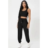Kadın Siyah Premium Görünümlü Kaşkorse Cepli Jogger Eşofman Altı Ve Crop Top Bluz Takımı