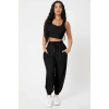 Kadın Siyah Premium Görünümlü Kaşkorse Cepli Jogger Eşofman Altı Ve Crop Top Bluz Takımı