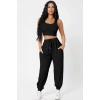 Kadın Siyah Premium Görünümlü Kaşkorse Cepli Jogger Eşofman Altı Ve Crop Top Bluz Takımı