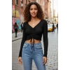 Kadın Siyah Uzun Kol Drapeli Bağcık Detaylı Crop Top Bluz