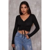 Kadın Siyah Uzun Kol Drapeli Bağcık Detaylı Crop Top Bluz