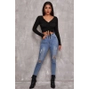 Kadın Siyah Uzun Kol Drapeli Bağcık Detaylı Crop Top Bluz