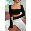 Kadın Siyah Uzun Kol Göğüs Ve Sırt Dekolteli Crop Top Bluz