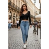Kadın Siyah Uzun Kollu Düğme Detaylı Göğüs Ve Göbek Dekolteli Crop Top Bluz Premium Stil