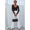 Kadın Siyah Uzun Kollu Düğme Detaylı Göğüs Ve Göbek Dekolteli Crop Top Bluz Premium Stil