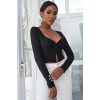 Kadın Siyah Uzun Kollu Düğme Detaylı Göğüs Ve Göbek Dekolteli Crop Top Bluz Premium Stil