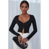 Kadın Siyah Uzun Kollu Düğme Detaylı Göğüs Ve Göbek Dekolteli Crop Top Bluz Premium Stil