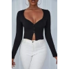 Kadın Siyah Uzun Kollu Düğmeli Göğüs Ve Göbek Dekolteli Crop Top Bluz
