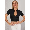 Kadın Siyah Yarım Fermuarlı Ve Kısa Kollu Crop Top Bluz