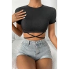 Kadın Siyah Yarım Kol Çapraz Bağlamalı Crop Top Bluz