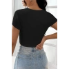 Kadın Siyah Yarım Kol Düz Yaka Crop Top Bluz