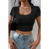 Kadın Siyah Yarım Kol Düz Yaka Crop Top Bluz