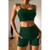 Kadın Yeşil Kaşkorse Şortlu Crop Atlet Takım Esnek Kumaş Yüksek Bel