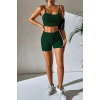 Kadın Yeşil Kaşkorse Şortlu Crop Atlet Takım Esnek Kumaş Yüksek Bel