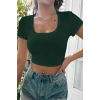 Kadın Yeşil Yarım Kol Düz Yaka Crop Top Bluz
