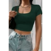 Kadın Yeşil Yarım Kol Düz Yaka Crop Top Bluz