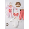 Kelebek Nakışlı Puanlı Tulumlu % 100 Pamuk Kız Bebek 5li Set