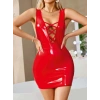 Kırmızı Arkası İp Dekolteli Mini Fantezi Parlak Deri Elbise