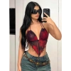 Kırmızı Siyah Desenli İnce Askılı Üçgen Kesim Crop