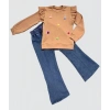 Kot Pantolonlu Flamingo Desenli Penye Sweat Uzun Kollu 2li Kız Çocuk Takımı Kahverengi