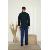 Moda Erkek %100 Pamuk Önden Düğmeli Cepli Uzun Kollu Pijama Takımı Lacivert