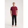 Moda Erkek Bordo Düğmeli Yaka Kısa Kol Pijama Takımı